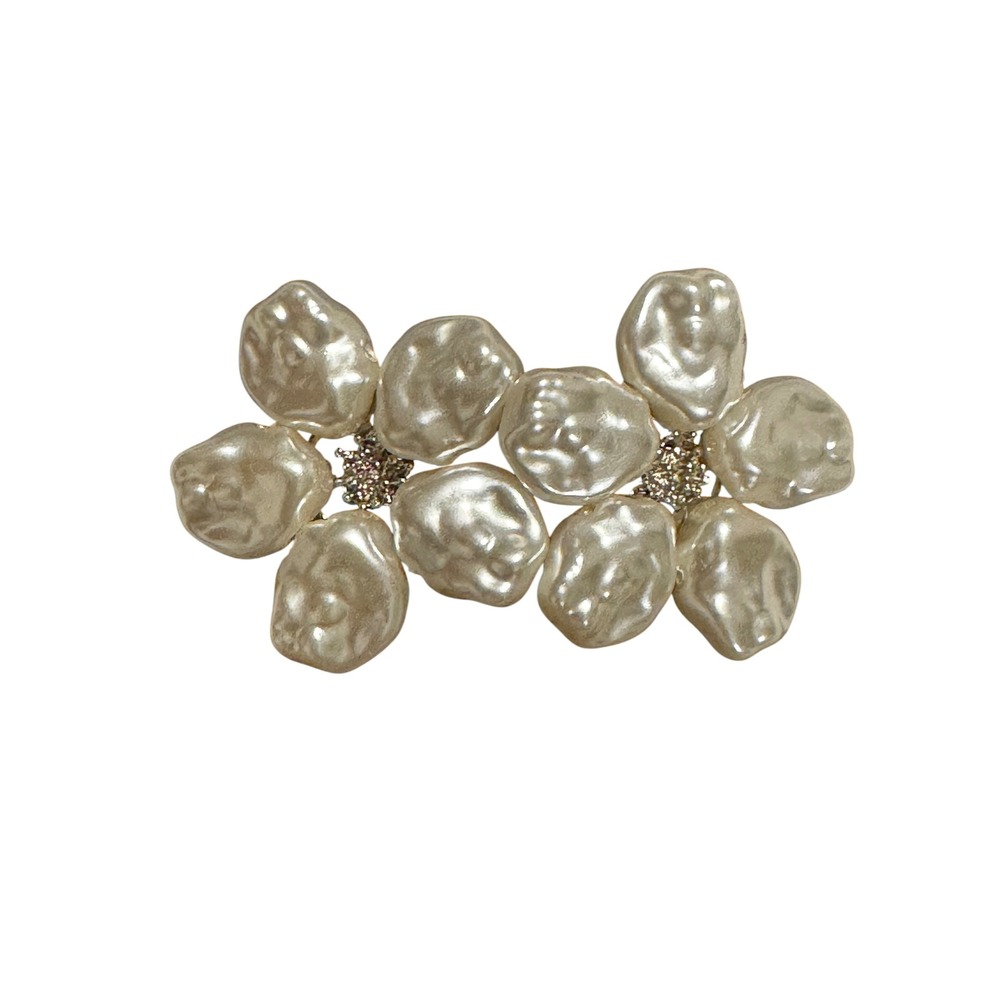 Faux Baroque Pearl Rhinestone Double Flower Hair Clip Barrette Cream Gold Tone